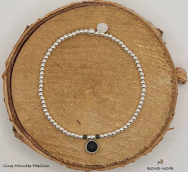 Bracelet simple en argent 925 et breloque en argent/onyx noir