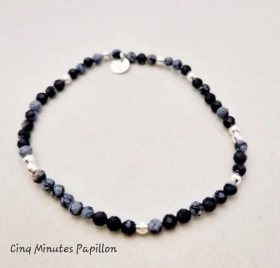 Bracelet en pierre d'obsidienne Neige et perles argent
