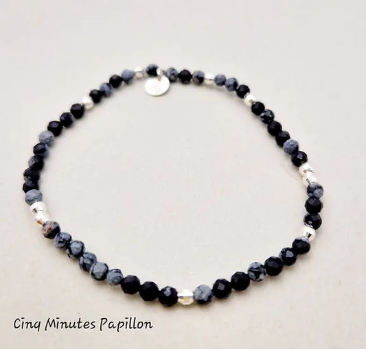 Bracelet en pierre d'obsidienne Neige et perles argent