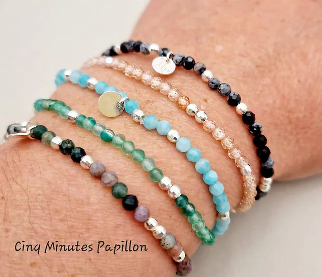 Bracelet en pierre d'obsidienne Neige et perles argent